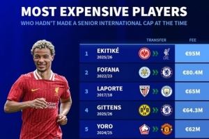 德转列还未为国出战的历史最贵引援榜：埃基蒂克9500万居首